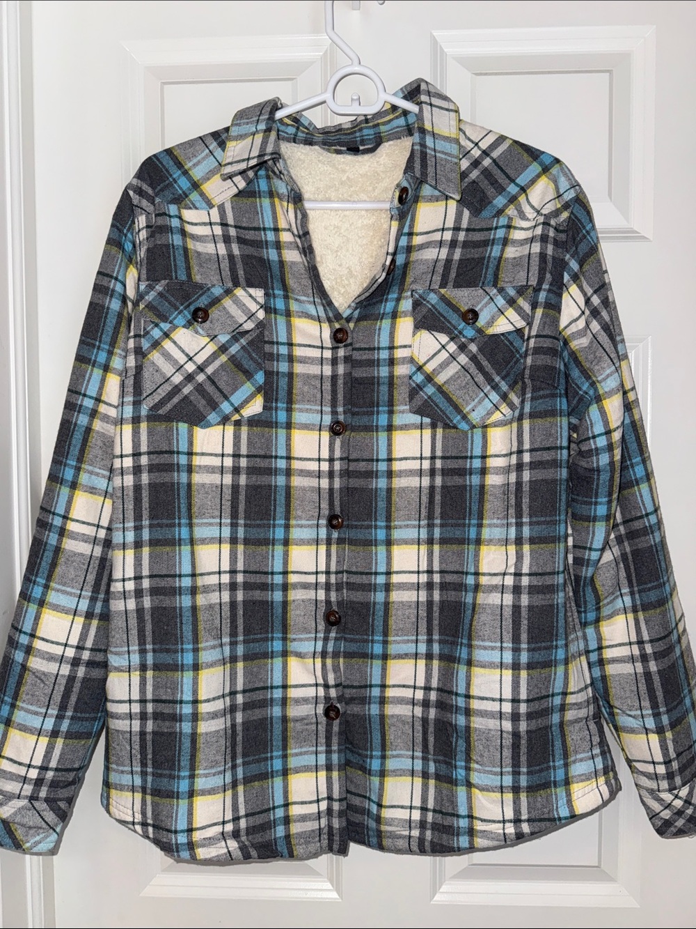 NWOT- Cozy Plaid Button-Up Shacket in Gray, Blue & Yellow